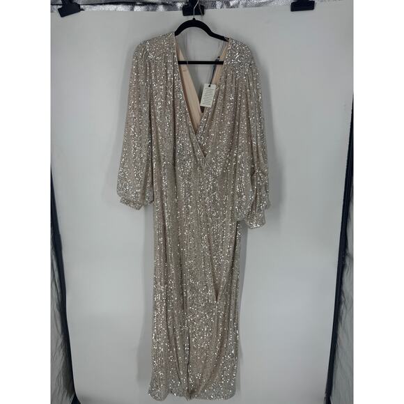 SKIES ARE BLUE Sequin Wrap Long Sleeved Jumpsuit in Champagne - Picture 2 of 4